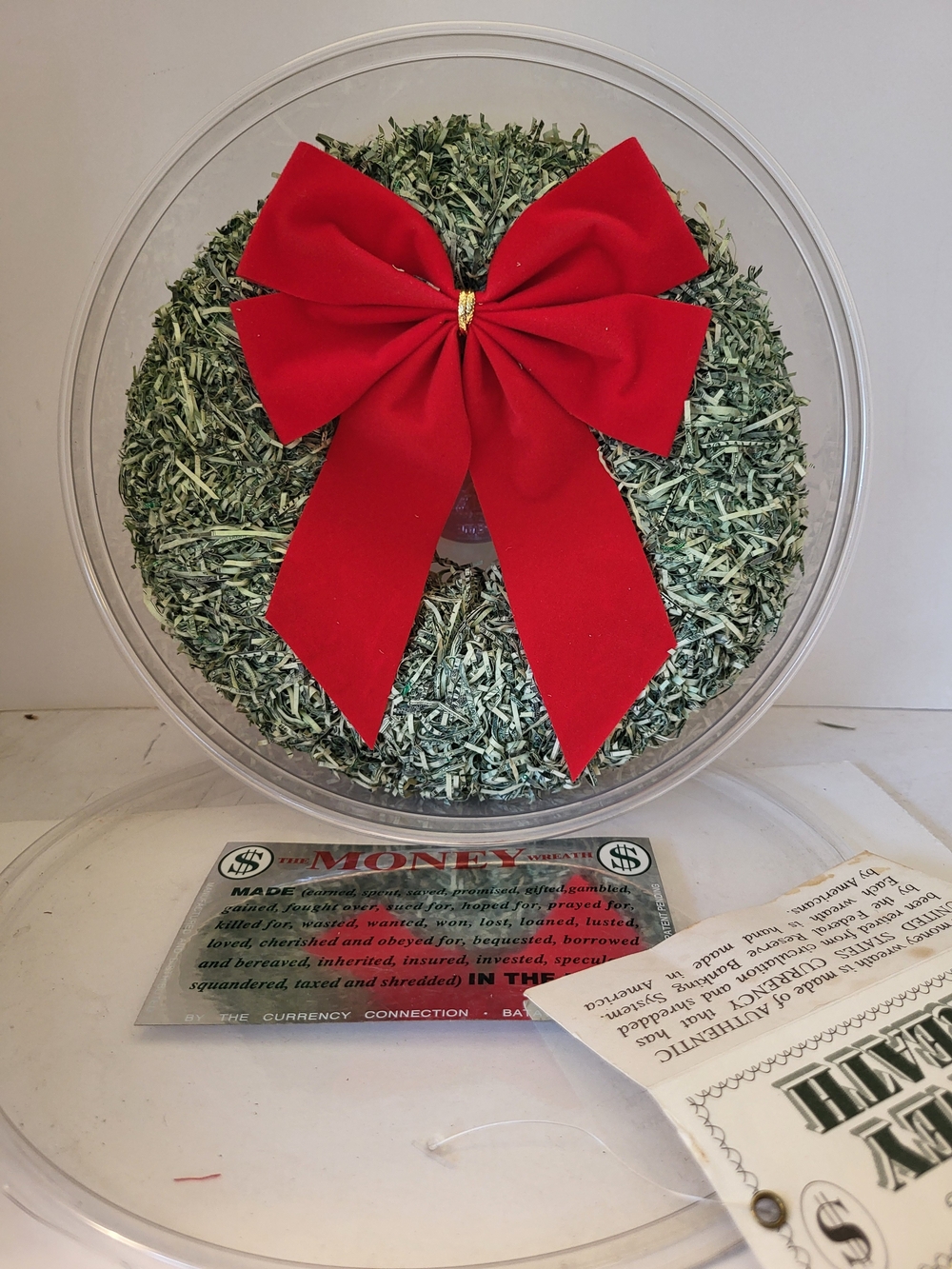 1990s Money Wreath Shredded Currancy with Red Bow 8"